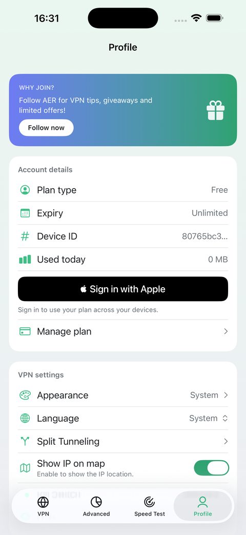 Profile and plan screen