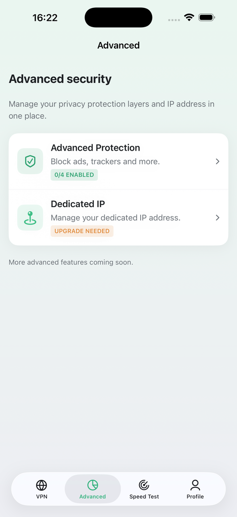 Advanced protection screen
